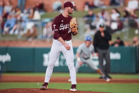 COLLEGE STATION, TX - March 26, 2024 - Pitcher Isaac Morton #14 of the Texas A&M Aggies during the game between the Houston Christian Huskies and the Texas A&M Aggies at Blue Bell Park in College Station, TX. Photo By Julianne Shivers/Texas A&M Athletics