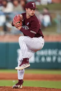 COLLEGE STATION, TX - March 26, 2024 - Pitcher Brad Rudis #32 of the Texas A&M Aggies during the game between the Houston Christian Huskies and the Texas A&M Aggies at Blue Bell Park in College Station, TX. Photo By Julianne Shivers/Texas A&M Athletics