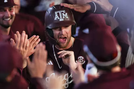 COLLEGE STATION, TX - March 26, 2024 - Outfielder Hayden Schott #5 of the Texas A&M Aggies during the game between the Houston Christian Huskies and the Texas A&M Aggies at Blue Bell Park in College Station, TX. Photo By Julianne Shivers/Texas A&M Athletics