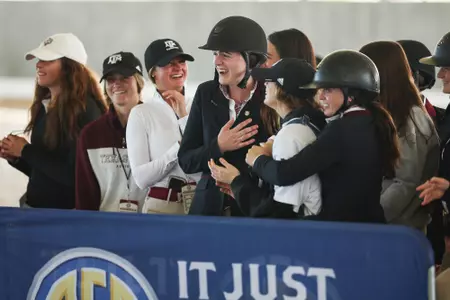COLLEGE STATION, TX - March 29, 2024 - Devon Thomas of the Texas A&M Aggies and the Texas A&M Aggie Equestrian Team during the game between the South Carolina Gamecocks and the Texas A&M Aggies at the SEC Championships at Hildebrand Equine Complex in College Station, TX. Photo By Rachel Mahan/Texas A&M Athletics
