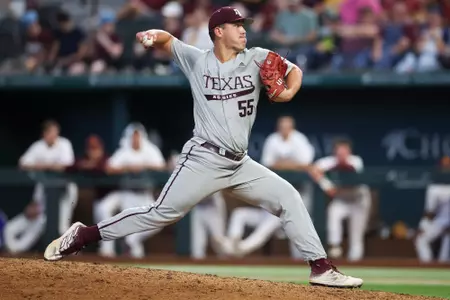 ARLINGTON, TX - March 03, 2024 - Pitcher Zane Badmaev #55 of the Texas A&M Aggies during the game between the Arizona State Sun Devils and the Texas A&M Aggies at Globe Life Field in Arlington, TX. Photo By Ethan Mito/Texas A&M Athletics