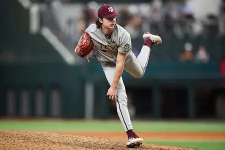 ARLINGTON, TX - March 03, 2024 - Pitcher Shane Sdao #38 of the Texas A&M Aggies during the game between the Arizona State Sun Devils and the Texas A&M Aggies at Globe Life Field in Arlington, TX. Photo By Ethan Mito/Texas A&M Athletics