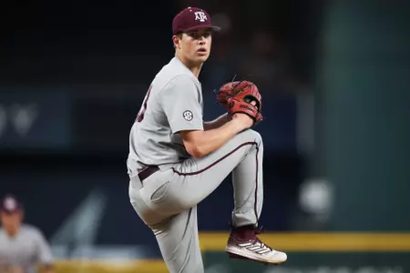 ARLINGTON, TX - March 03, 2024 - Pitcher Justin Lamkin #33 of the Texas A&M Aggies during the game between the Arizona State Sun Devils and the Texas A&M Aggies at Globe Life Field in Arlington, TX. Photo By Ethan Mito/Texas A&M Athletics