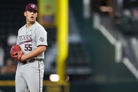 ARLINGTON, TX - March 03, 2024 - Pitcher Zane Badmaev #55 of the Texas A&M Aggies during the game between the Arizona State Sun Devils and the Texas A&M Aggies at Globe Life Field in Arlington, TX. Photo By Ethan Mito/Texas A&M Athletics