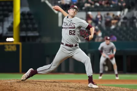 ARLINGTON, TX - March 03, 2024 - Pitcher Peyton Smith #62 of the Texas A&M Aggies during the game between the Arizona State Sun Devils and the Texas A&M Aggies at Globe Life Field in Arlington, TX. Photo By Ethan Mito/Texas A&M Athletics