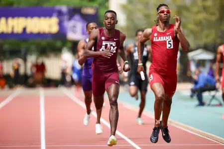 BATON ROUGE, LA - March 30, 2024 - Kimar Farquharson of the Texas A&M Aggies during day 2 of the Battle on the Bayou track meet at Bernie Moore Track Stadium in Baton Rouge, Louisiana. Photo By Aiden Shertzer/Texas A&M Athletics