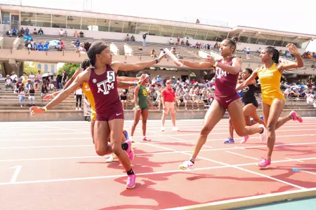 BATON ROUGE, LA - March 30, 2024 - Kennedy Wade of the Texas A&M Aggies and Jaydan Wood of the Texas A&M Aggies during day 2 of the Battle on the Bayou track meet at Bernie Moore Track Stadium in Baton Rouge, Louisiana. Photo By Aiden Shertzer/Texas A&M Athletics
