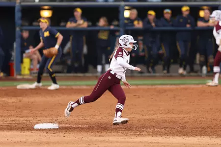 FULLERTON, CA - February 29, 2024 - Hailey Golden #9 of the Texas A&M Aggies during the game between the Michigan Wolverines and the Texas A&M Aggies at Anderson Family Field in Fullerton, CA. Photo By Evan Pilat