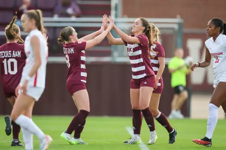 COLLEGE STATION, TX - March 03, 2024 - Midfielder/Defender Mia Pante #13 of the Texas A&M Aggies and Forward Shae O'Rouke #8 of the Texas A&M Aggies during the game between the Houston Cougars and the Texas A&M Aggies at Ellis Field in College Station, TX. Photo By Julianne Shivers/Texas A&M Athletics