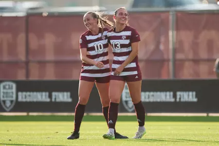 COLLEGE STATION, TX - March 03, 2024 - Midfielder/Defender Mia Pante #13 of the Texas A&M Aggies and Midfielder Grace Ivey #10 of the Texas A&M Aggies during the game between the Houston Cougars and the Texas A&M Aggies at Ellis Field in College Station, TX. Photo By Julianne Shivers/Texas A&M Athletics