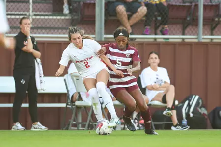COLLEGE STATION, TX - March 03, 2024 - Forward MaKhiya McDonald #5 of the Texas A&M Aggies during the game between the Houston Cougars and the Texas A&M Aggies at Ellis Field in College Station, TX. Photo By Julianne Shivers/Texas A&M Athletics