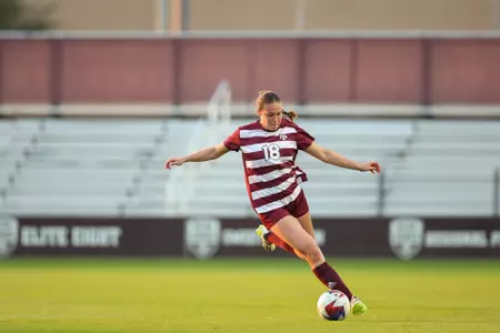 COLLEGE STATION, TX - March 03, 2024 - Defender Macy Matula #18 of the Texas A&M Aggies during the game between the Houston Cougars and the Texas A&M Aggies at Ellis Field in College Station, TX. Photo By Julianne Shivers/Texas A&M Athletics
