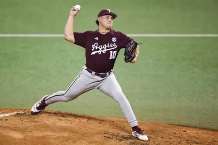 AUSTIN, TX - March 05, 2024 - Pitcher Chris Cortez #10 of the Texas A&M Aggies during the game between the Texas Longhorns and the Texas A&M Aggies at UFCU Disch-Falk Field in Austin, TX. Photo By Rachel Mahan