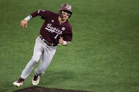 AUSTIN, TX - March 05, 2024 - Infielder Jack Bell #1 of the Texas A&M Aggies during the game between the Texas Longhorns and the Texas A&M Aggies at UFCU Disch-Falk Field in Austin, TX. Photo By Rachel Mahan