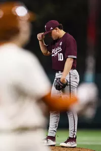 AUSTIN, TX - March 05, 2024 - Pitcher Chris Cortez #10 of the Texas A&M Aggies during the game between the Texas Longhorns and the Texas A&M Aggies at UFCU Disch-Falk Field in Austin, TX. Photo By Rachel Mahan