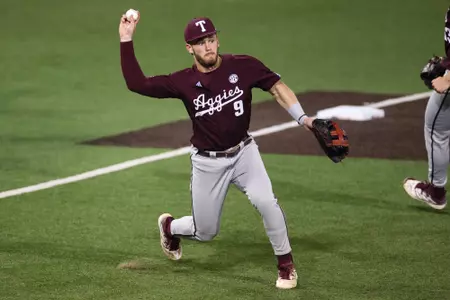 AUSTIN, TX - March 05, 2024 - Infielder/Outfielder Gavin Grahovac #9 of the Texas A&M Aggies during the game between the Texas Longhorns and the Texas A&M Aggies at UFCU Disch-Falk Field in Austin, TX. Photo By Rachel Mahan
