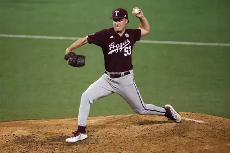 AUSTIN, TX - March 05, 2024 - Pitcher Evan Aschenbeck #53 of the Texas A&M Aggies during the game between the Texas Longhorns and the Texas A&M Aggies at UFCU Disch-Falk Field in Austin, TX. Photo By Rachel Mahan