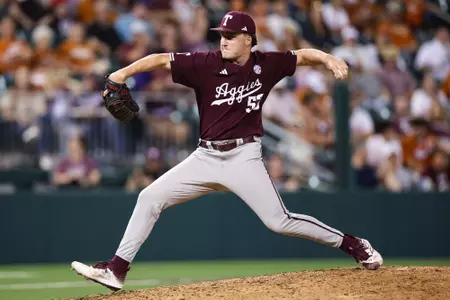 AUSTIN, TX - March 05, 2024 - Pitcher Evan Aschenbeck #53 of the Texas A&M Aggies during the game between the Texas Longhorns and the Texas A&M Aggies at UFCU Disch-Falk Field in Austin, TX. Photo By Rachel Mahan
