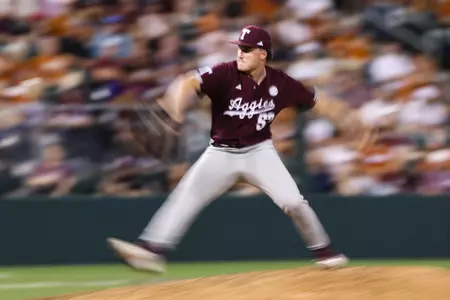 AUSTIN, TX - March 05, 2024 - Pitcher Evan Aschenbeck #53 of the Texas A&M Aggies during the game between the Texas Longhorns and the Texas A&M Aggies at UFCU Disch-Falk Field in Austin, TX. Photo By Rachel Mahan