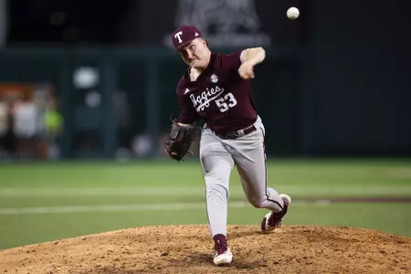 AUSTIN, TX - March 05, 2024 - Pitcher Evan Aschenbeck #53 of the Texas A&M Aggies during the game between the Texas Longhorns and the Texas A&M Aggies at UFCU Disch-Falk Field in Austin, TX. Photo By Rachel Mahan