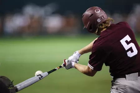 AUSTIN, TX - March 05, 2024 - Outfielder Hayden Schott #5 of the Texas A&M Aggies during the game between the Texas Longhorns and the Texas A&M Aggies at UFCU Disch-Falk Field in Austin, TX. Photo By Rachel Mahan