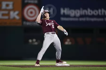 AUSTIN, TX - March 05, 2024 - Outfielder Hayden Schott #5 of the Texas A&M Aggies during the game between the Texas Longhorns and the Texas A&M Aggies at UFCU Disch-Falk Field in Austin, TX. Photo By Rachel Mahan