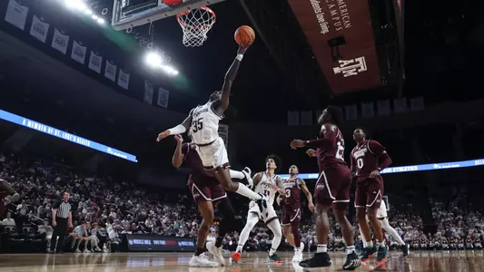 COLLEGE STATION, TX - March 06, 2024 - Guard Manny Obaseki #35 of the Texas A&M Aggies during the MenÕs Basketball game between the Mississippi St. Bulldogs and the Texas A&M Aggies at Reed Arena in College Station, TX. Photo By Craig Bisacre/Texas A&M Athletics