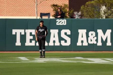 COLLEGE STATION, TX - March 09, 2024 - Jaz Hill #77 of the Texas A&M Aggies during the game between the South Carolina Gamecocks and the Texas A&M Aggies at Davis Diamond in College Station, TX. Photo By Evan Pilat/Texas A&M Athletics