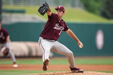 TUSCALOOSA, AL - April 19, 2024 - Pitcher Ryan Prager #18 of the Texas A&M Aggies during the game between the Alabama Crimson Tide and the Texas A&M Aggies at SewellÐThomas Stadium in Tuscaloosa, AL. Photo By Ethan Mito/Texas A&M Athletics