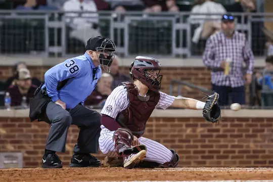 COLLEGE STATION, TX - February 23, 2024 - Catcher Jackson Appel #20 of the Texas A&M Aggies during the game between the Wagner Seahawks and the Texas A&M Aggies at Blue Bell Park in College Station, TX. Photo By Zoie Joslin/Texas A&M Athletics
