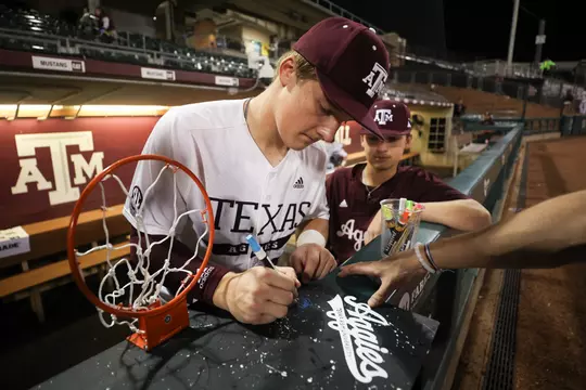 COLLEGE STATION, TX - February 27, 2024 - Catcher Jackson Appel #20 of the Texas A&M Aggies during the game between the Lamar Cardinals and the Texas A&M Aggies at Blue Bell Park in College Station, TX. Photo By Wesley Bowers/Texas A&M Athletics