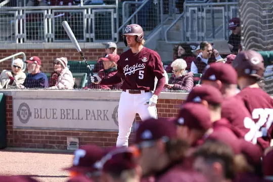 COLLEGE STATION, TX - March 09, 2024 - Outfielder Hayden Schott #5 of the Texas A&M Aggies during the game between the Rhode Island Rams and the Texas A&M Aggies at Blue Bell Park in College Station, TX. Photo By Mattie Taylor/Texas A&M Athletics