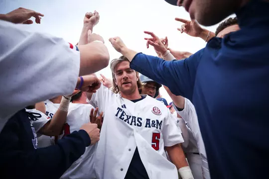 COLLEGE STATION, TX - March 10, 2024 - Outfielder Hayden Schott #5 of the Texas A&M Aggies during the game between the Rhode Island Rams and the Texas A&M Aggies at Blue Bell Park in College Station, TX. Photo By Ethan Mito/Texas A&M Athletics