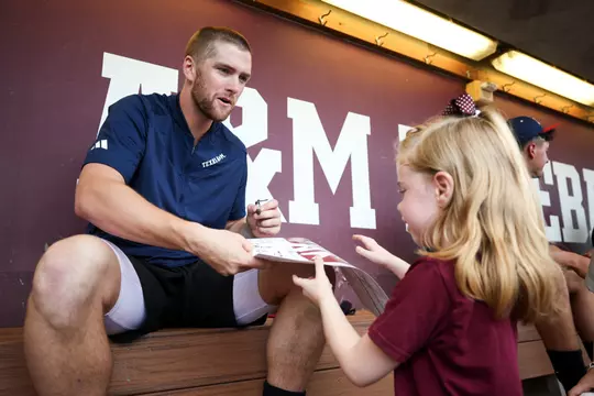 COLLEGE STATION, TX - March 23, 2024 - Outfielder Hayden Schott #5 of the Texas A&M Aggies during the game between the Mississippi St. Bulldogs and the Texas A&M Aggies at Blue Bell Park in College Station, TX. Photo By Wesley Bowers/Texas A&M Athletics