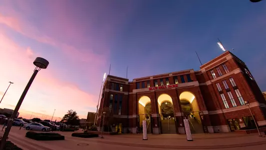COLLEGE STATION, TX - October 08, 2021 - sunset during the game between the Houston Cougars and the Texas A&M Aggies at Blue Bell Park in College Station, TX. Photo By Bailey Orr/Texas A&M Athletics