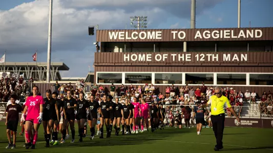 COLLEGE STATION, TX - September 24, 2023 - Texas A&M Soccer Team during the game between the Arkansas Razorbacks and the Texas A&M Aggies at Ellis Field in College Station, TX. Photo By Ethan Mito/Texas A&M Athletics