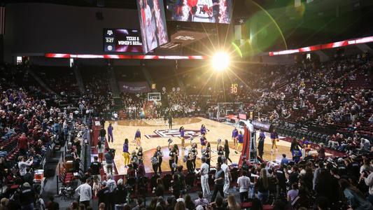 COLLEGE STATION, TX - February 19, 2024 - Wide shot during the game between the LSU Tigers and the Texas A&M Aggies at Reed Arena in College Station, TX. Photo By Craig Bisacre/Texas A&M Athletics