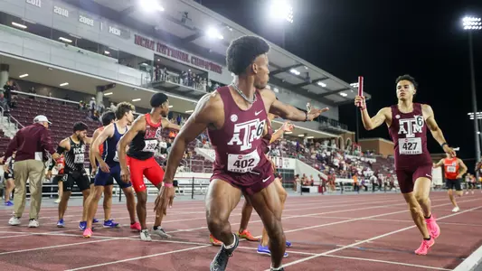 COLLEGE STATION, TX - April 06, 2024 - Christian Rosales of the Texas A&M Aggies and Kirk Collins Jr. of the Texas A&M Aggies during the 44 Farms Team Invitational at E.B. Cushing Stadium in College Station, TX. Photo By Jonathan Taffet/Texas A&M Athletics