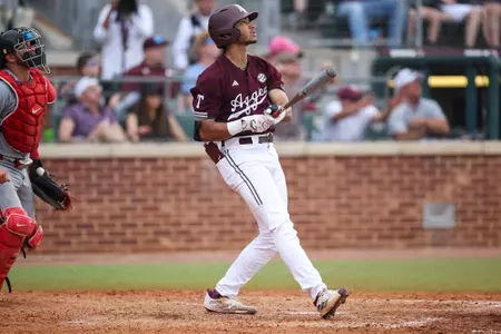 COLLEGE STATION, TX - April 27, 2024 - Outfielder/Pitcher Braden Montgomery #6 of the Texas A&M Aggies during the game between the Georgia Bulldogs and the Texas A&M Aggies at Blue Bell Park in College Station, TX. Photo By Wesley Bowers/Texas A&M Athletics