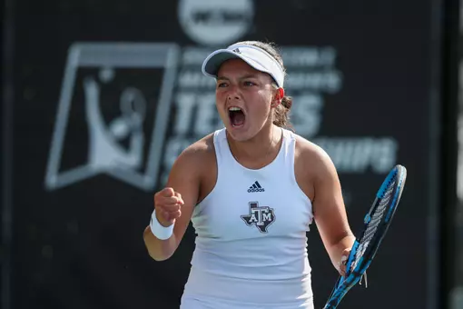 STILLWATER, OK - May 17, 2024 - Lucciana Perez of the Texas A&M Aggies during the NCAA Elite 8 game between the Virginia Cavaliers and the Texas A&M Aggies at Greenwood Tennis Center in Stillwater, Oklahoma. Photo By Ishika Samant