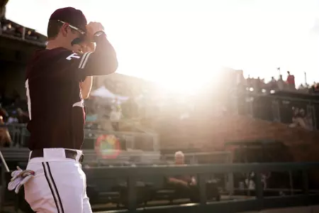 COLLEGE STATION, TX - May 17, 2024 - Infielder Ted Burton #27 of the Texas A&M Aggies during the game between the Arkansas Razorbacks and the Texas A&M Aggies at Blue Bell Park in College Station, TX. Photo By Ethan Mito/Texas A&M Athletics