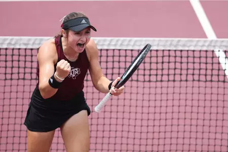 COLLEGE STATION, TX - May 05, 2024 - Mary Stoiana of the Texas A&M Aggies during the game between the Oklahoma Sooners and the Texas A&M Aggies at Mitchell Tennis Center in College Station, TX. Photo By Ishika Samant/Texas A&M Athletics
