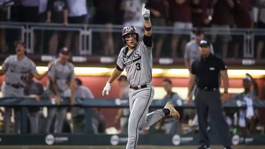 COLLEGE STATION, TX - June 09, 2024 - Infielder Kaeden Kent #3 of the Texas A&M Aggies during the NCAA Super Regional game between the Oregon Ducks and the Texas A&M Aggies at Blue Bell Park in College Station, TX. Photo By Ethan Mito/Texas A&M Athletics
