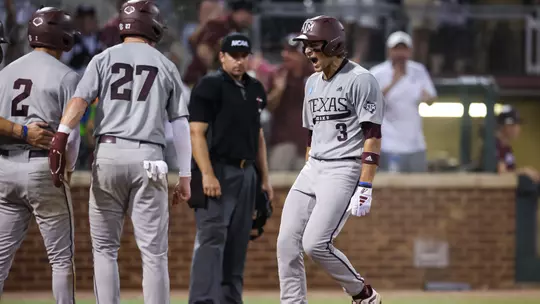 COLLEGE STATION, TX - June 09, 2024 - Infielder Kaeden Kent #3 of the Texas A&M Aggies during the NCAA Super Regional game between the Oregon Ducks and the Texas A&M Aggies at Blue Bell Park in College Station, TX. Photo By Ethan Mito/Texas A&M Athletics