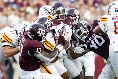 COLLEGE STATION, TX - September 16, 2023 - Defensive lineman DJ Hicks #13 of the Texas A&M Aggies during the game between the ULM Warhawks and the Texas A&M Aggies at Kyle Field in College Station, TX. Photo By Aiden Shertzer/Texas A&M Athletics