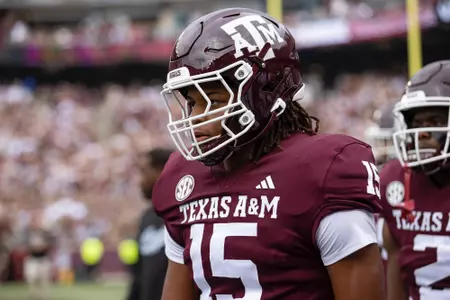 COLLEGE STATION, TX - September 16, 2023 - Defensive lineman Rylan Kennedy #15 of the Texas A&M Aggies during the game between the ULM Warhawks and the Texas A&M Aggies at Kyle Field in College Station, TX. Photo By Rachel Mahan/Texas A&M Athletics