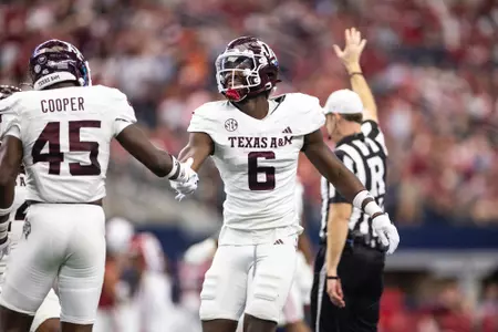 ARLINGTON, TX - September 30, 2023 - Defensive lineman Enai White #6 of the Texas A&M Aggies during the game between the Arkansas Razorbacks and the Texas A&M Aggies at AT&T Stadium in Arlington, TX. Photo By Sydney Morriss