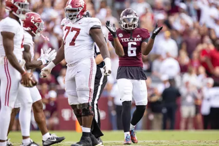COLLEGE STATION, TX - October 07, 2023 - Defensive lineman Enai White #6 of the Texas A&M Aggies during the game between the Alabama Crimson Tide and the Texas A&M Aggies at Kyle Field in College Station, TX. Photo By Brendall O'Banon/Texas A&M Athletics