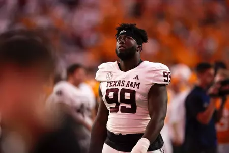 KNOXVILLE, TN - October 14, 2023 - Defensive lineman Gabriel Brownlow-Dindy #99 of the Texas A&M Aggies during the Football game between the Tennessee Volunteers and the Texas A&M Aggies at Neyland Stadium in Knoxville, TN. Photo By Craig Bisacre/Texas A&M Athletics