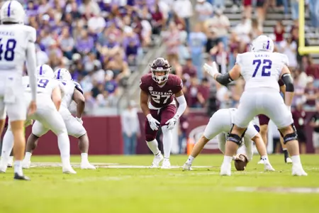 COLLEGE STATION, TX - November 18, 2023 - Linebacker Daymion Sanford #27 of the Texas A&M Aggies during the game between the Abilene Christian Wildcats and the Texas A&M Aggies at Kyle Field in College Station, TX. Photo By Sydney Morriss/Texas A&M Athletics